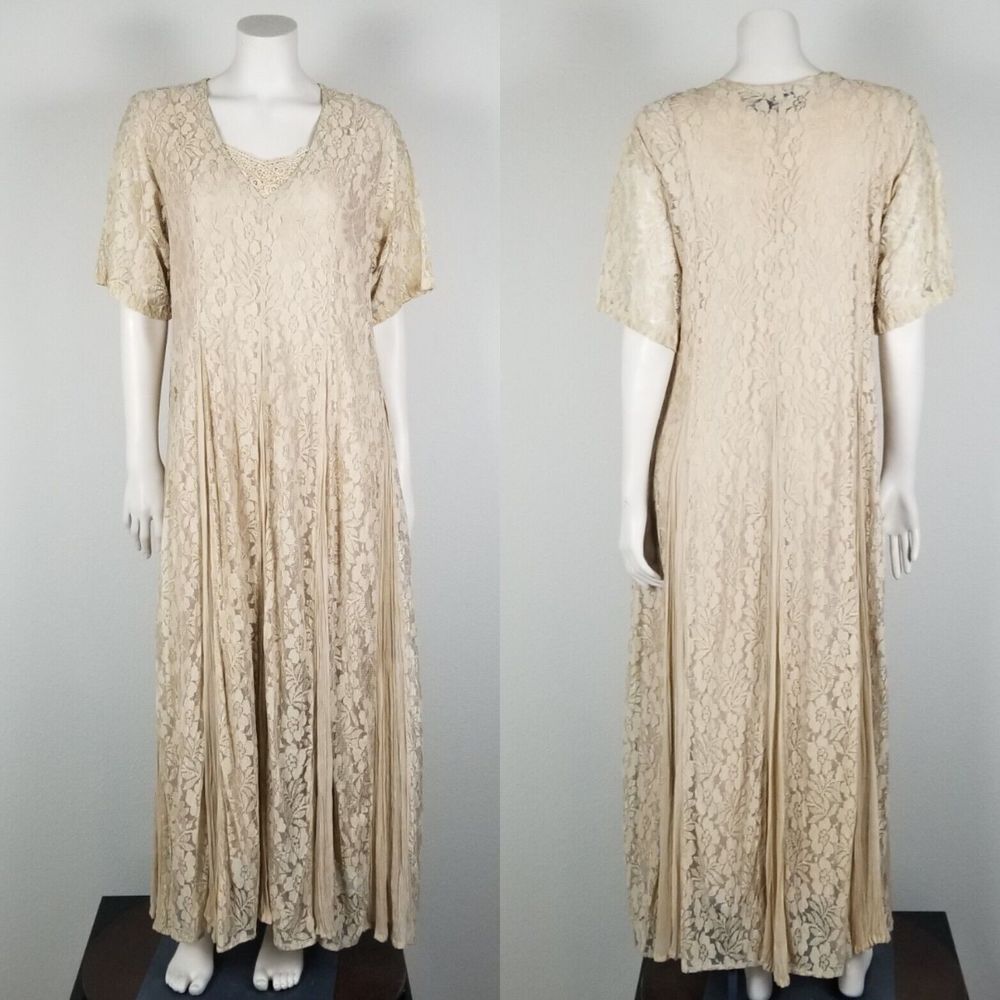 Avant Garde VTG 80s Bohemian Cottage Floral Lace Beige Flowy Rayon Dress Size M
